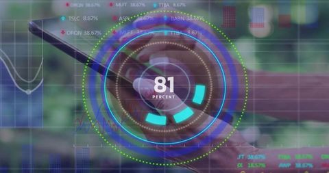 Mature woman using smartphone with augmented reality data hud displaying 81 percent