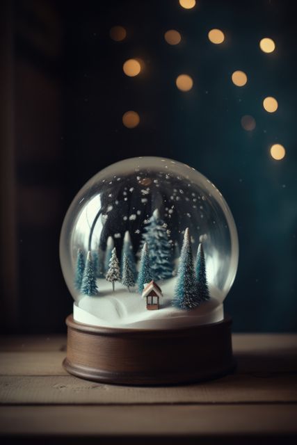 Features a snow globe with a miniature winter landscape, including snow-dusted trees and a tiny house on a wooden base, with blurred holiday lights in the background. Perfect for holiday promotions, winter-themed designs, and Christmas decoration ideas.