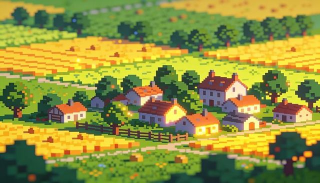 Voxel village nestling in golden fields at sunset, cozy pixel cottages in rural farmland