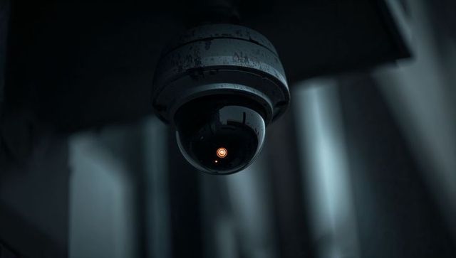 Overhead dome security camera rotating and monitoring dim industrial corridor, glowing orange led