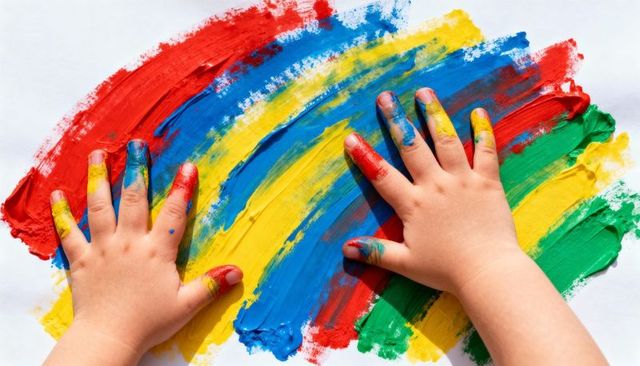 Child hands creating rainbow fingerpaint strokes with vibrant red blue yellow green paint