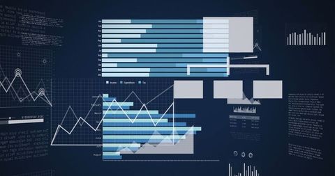Innovative digital graphs on navy background depicting financial growth