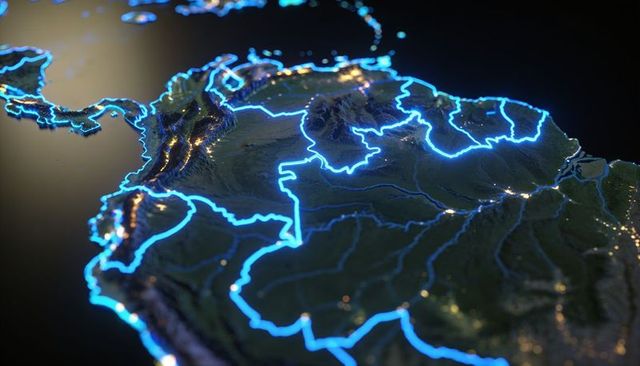 3d neon-bordered relief map of northern south america with andes and city lights