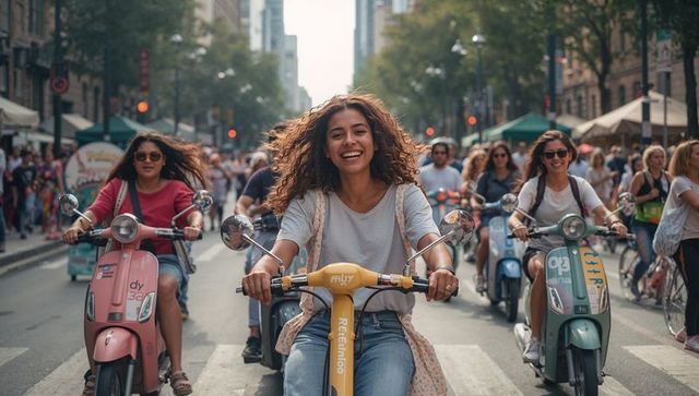 Friends Joyfully Riding Electric Scooters in Urban City Street