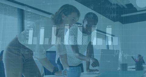 Business Professionals Engaging in Data Analysis with Financial Overlay