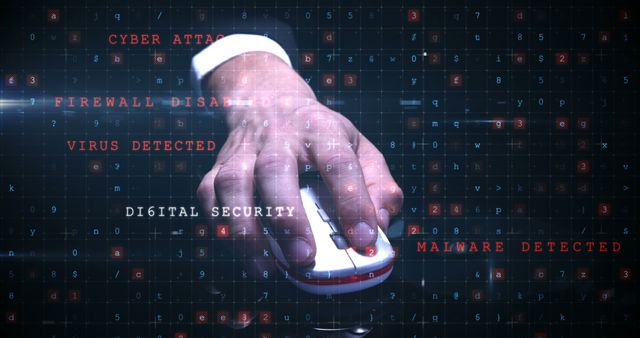 A hand is operating a computer mouse against a backdrop displaying various digital security threats such as cyber attacks, malware, and viruses. The backdrop has a dark grid with occasional red elements highlighting detected threats. Useful for illustrating topics related to cybersecurity, IT security awareness, digital protection measures, and network security campaigns.