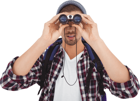 Transparent image of young traveler looking through binoculars