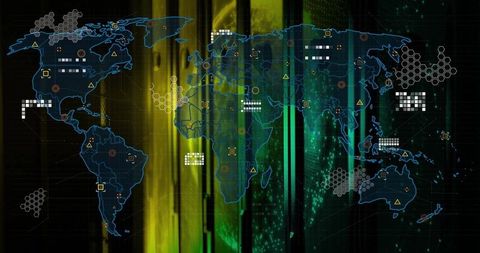 Futuristic Blue Map Illustrating Global Network Data Connectivity