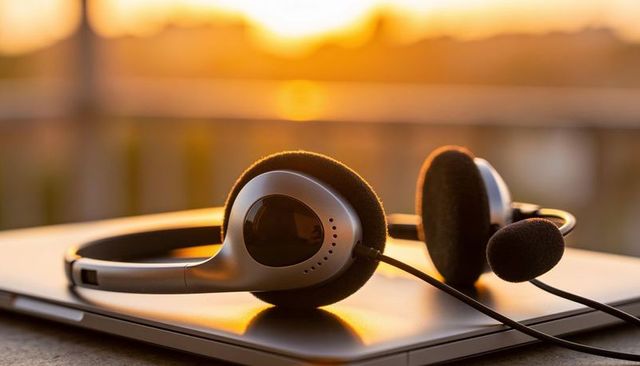 Over-ear headset resting on slim laptop at rooftop sunset with wired boom microphone
