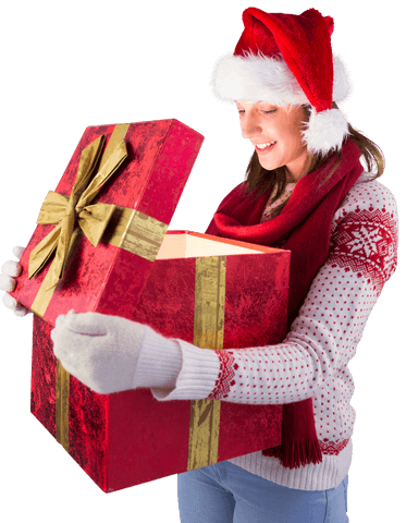Young Woman in Santa Hat Opening Holiday Gift Transparent