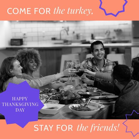 Diverse friends celebrating thanksgiving together