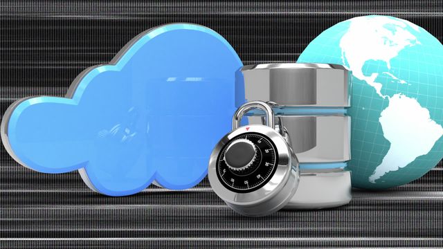 Abstract illustration of digital security emphasizes data protection and global connectivity. Padlock represents safety, combined with cloud and globe symbolizing modern technological advancements and worldwide network connections. Ideal for visualizations about cybersecurity, data management, cloud computing, and internet safety.