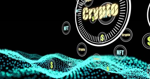Crypto and blockchain concept with digital waves and tech elements