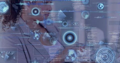 Businesswoman Innovating with Virtual HUD in Modern Office
