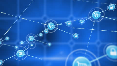 Digital Shopping Network Nodes on Blue Background