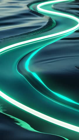 Teal neon ribbon gliding across dark reflective pool, creating ripples | Vertical video