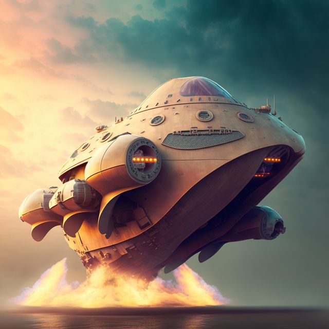 Spaceship taking off over sky against cloud background, created using generative ai technology. Space travel and alien concept digitally generated image.