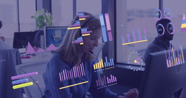 Woman Analyzing Data with Futuristic Virtual Interface in Modern Office - Download Free Stock Images Pikwizard.com