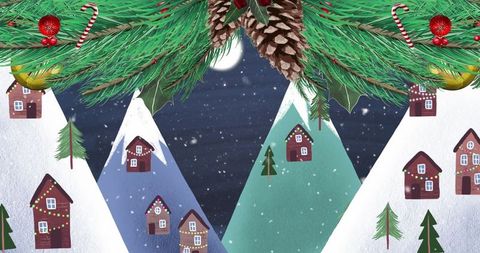 Festive Winter Village Under Snowy Pinetree and Cones