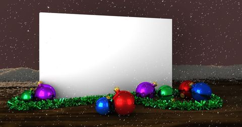 Blank Card with Christmas Ornaments and Falling Snow