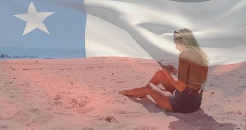 Woman Relaxing on Beach with Chilean Flag Overlay