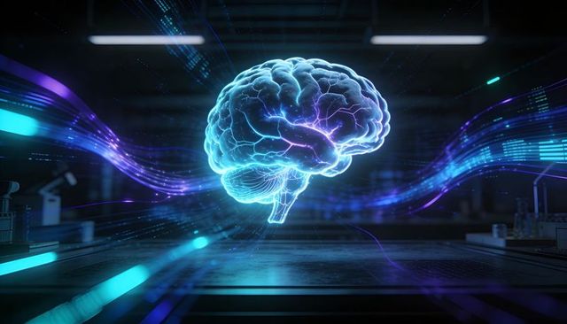 Holographic Neon Brain Floating Above Lab Bench with Dynamic Data Streams