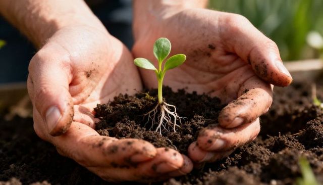 Soil-Stained Hands Holding Seedling with Exposed Roots Planting Growth and Nurture Sustainable
