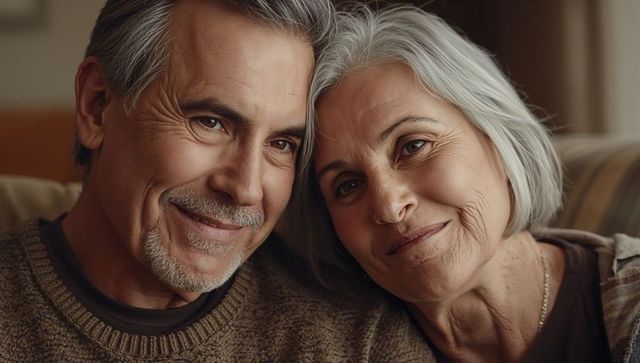 Senior couple sitting together smiling warmly on sofa cozy home lifestyle portrait