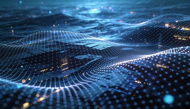 Glowing 3d mesh forming dynamic waves over circuit grid representing digital network flow