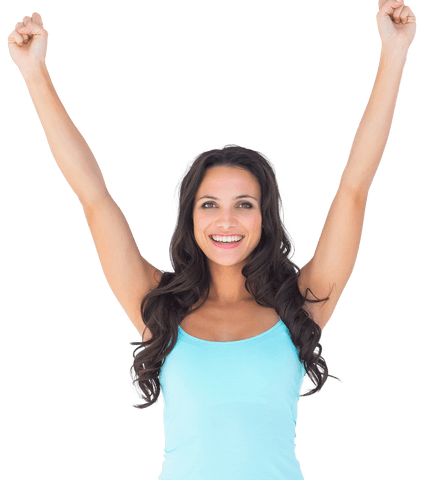 Woman Celebrating with Raised Arms on Transparent Background