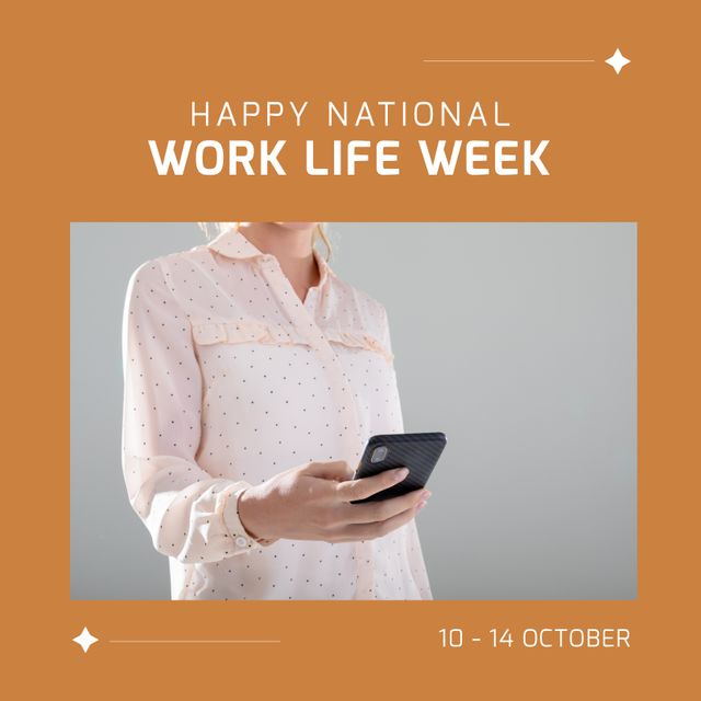 Image of national work life week over midsection of caucasian woman using smartphone. Work, business and work life balance concept.