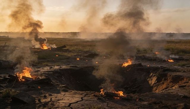 Aftermath: burning crater on scorched field at sunset, smoke rising over cracked soil