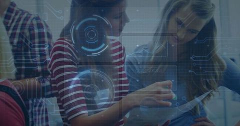 Innovative team examining blueprint for future tech