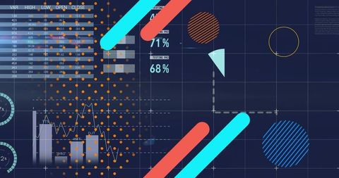 Displaying navy grid data dashboard with charts, percent readouts, gauges, abstract visuals