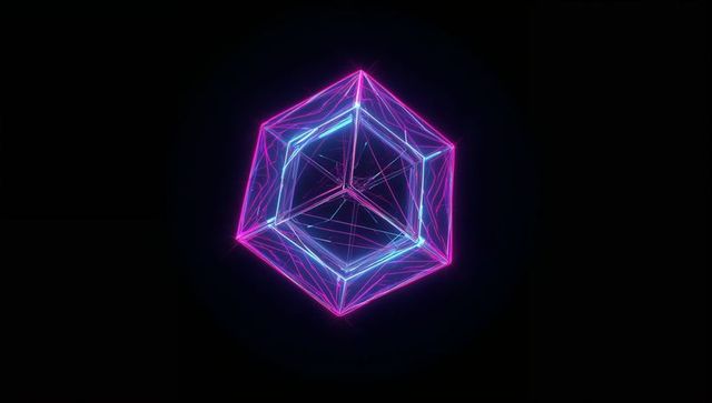 Futuristic Neon Wireframe Polyhedron in Digital Void