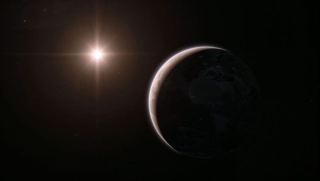 Crescent Earthlike Planet with Nightside City Lights, Terminator Glow and Bright Starflare