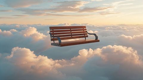 Surreal floating wooden park bench above clouds dreamscape