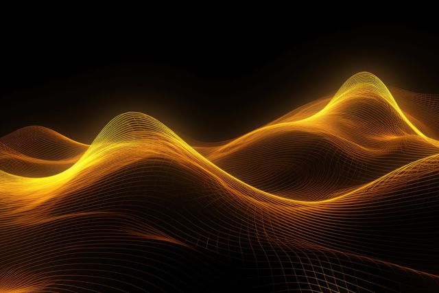 Abstract glowing golden waves of light flowing against a dark background. Ideal for use in technology design, digital art, background design for presentations, posters, and websites. It conveys a sense of energy, future, and movement, making it versatile for various creative projects.
