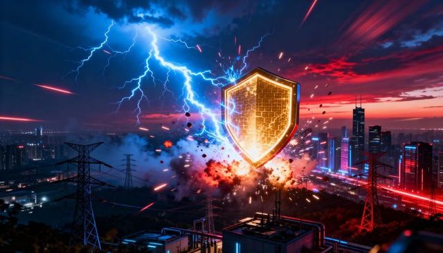 Golden shield emitting energy over urban power grid while lightning striking and exploding