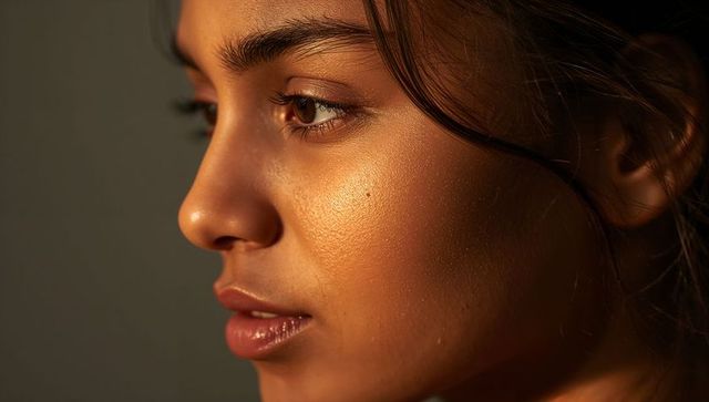 Indian teen profile with warm golden side light, glossy lips and natural skin texture
