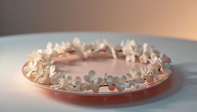 Dried hydrangea wreath resting on translucent pink plate minimalist floral ring