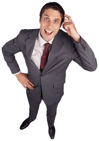 Joyful Businessman Scratching Head on Transparent Background