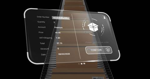 Digital order interface over boxes on conveyor belt for shipment