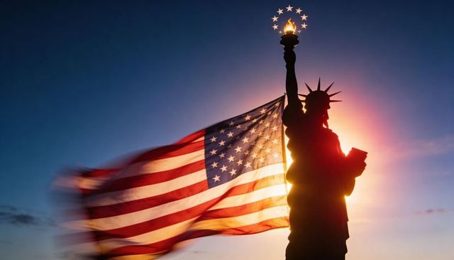 Statue of liberty silhouette holding torch with billowing american flag at sunset