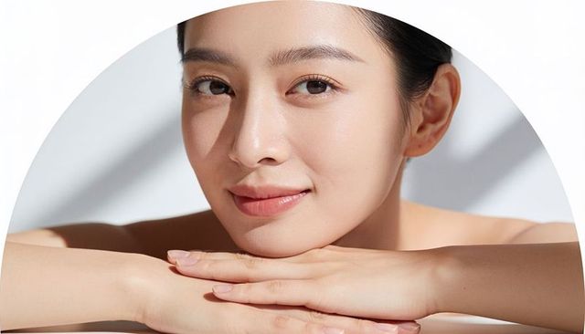 Radiant asian woman resting chin on folded arms with glowing skin closeup