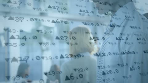 Abstract Double Exposure of Businesspeople with Stock Market Data Overlay