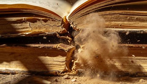 Aged hardcover books releasing dust cloud from cracked spines macro close-up