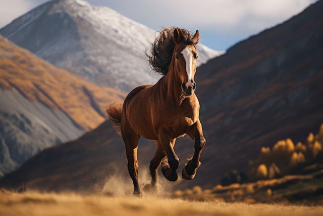 A striking image features a majestic wild horse galloping freely across a breathtaking mountain landscape. The vivid colors of the autumn foliage and rugged mountains in the background enhance the sense of natural beauty and untamed wilderness. Ideal for projects focusing on nature, outdoor adventures, and the spirit of freedom. Perfect for travel blogs, wildlife publications, and promotional materials emphasizing strength, beauty, and endurance.