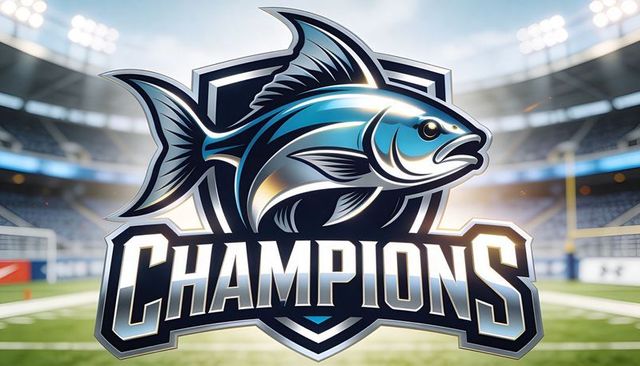 Shining metallic tuna champions emblem on shield over football turf in stadium spotlight