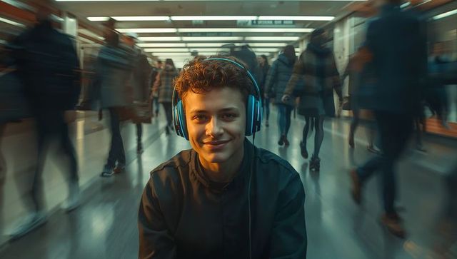 Teenager sitting with blue headphones in busy subway concourse smiling amid commuters